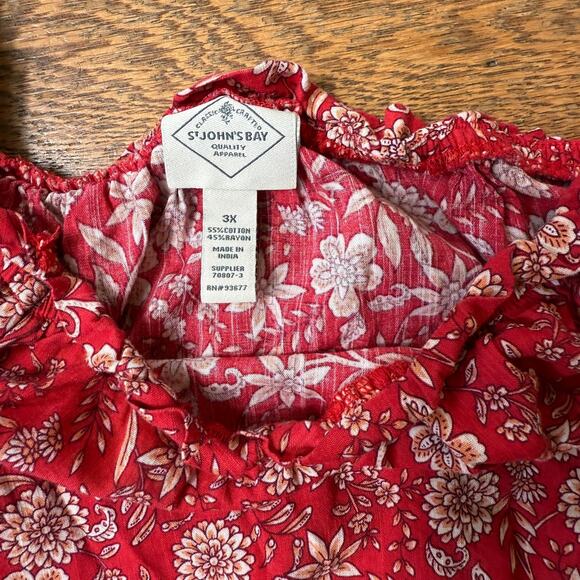 Boho Floral Shirt SZ 3X Red White Peach Balloon Sleeves Elastic Neck Line Airy - Picture 3 of 6